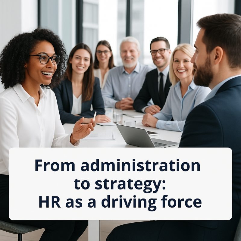 Corporate HR managers leading a strategy meeting with a diverse business team in a modern office, overlay text reads ‘From administration to strategy: HR as a driving force.’