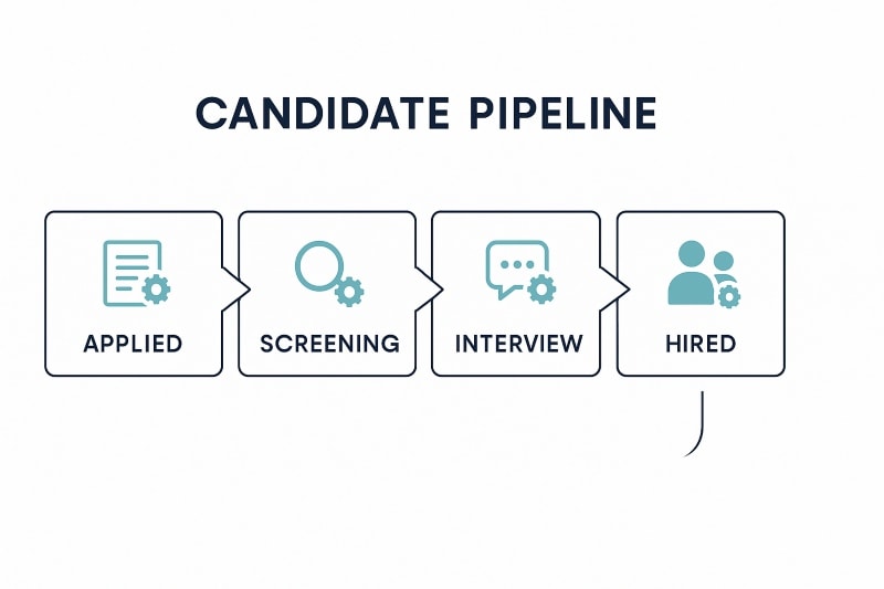 Candidate pipeline flowchart showing hiring stages: Applied, Screening, Interview, Offer, and Hired. Each stage includes icons and automation symbols, visually illustrating how hiring software streamlines the recruitment process.