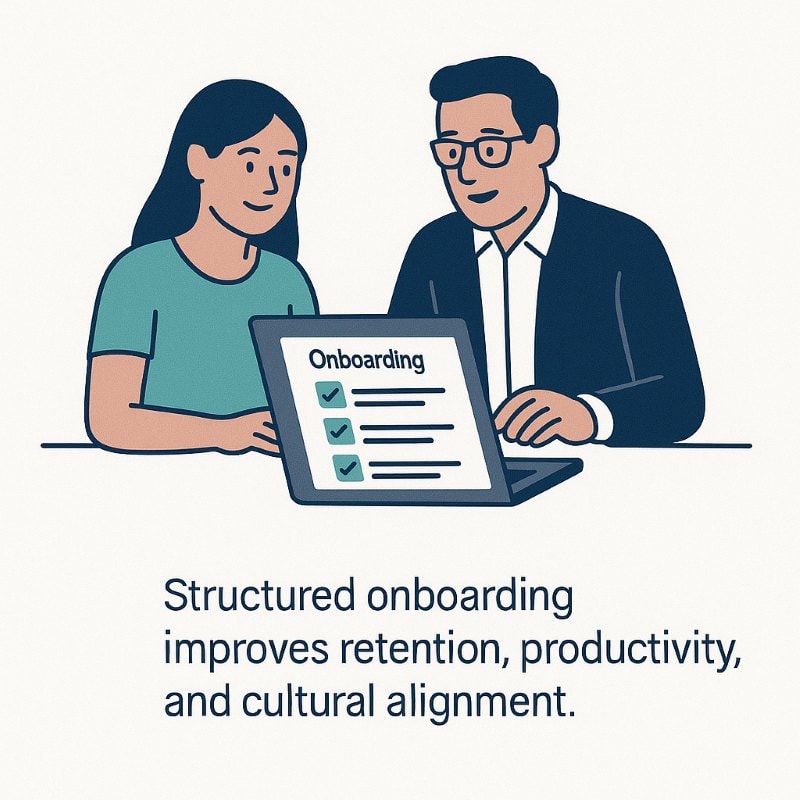 Illustration of onboarding in a small business. A manager and new hire sit together at a laptop displaying an onboarding checklist. Caption: ‘Structured onboarding improves retention, productivity, and cultural alignment.’