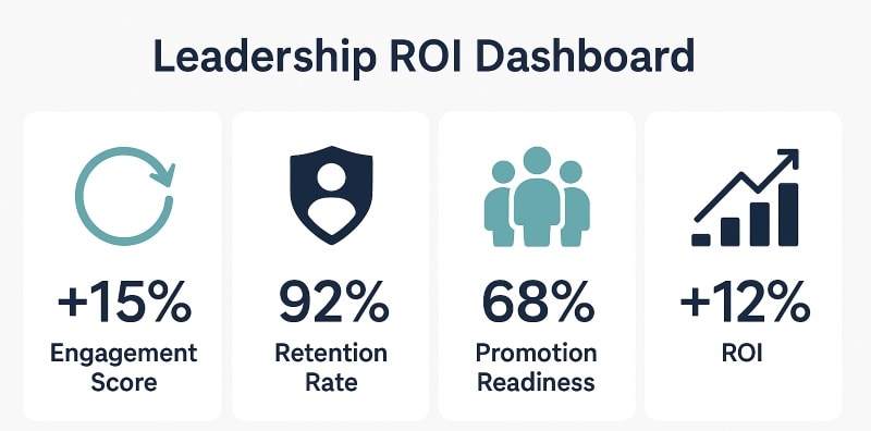 Leadership ROI dashboard infographic showing key metrics including engagement score, retention rate, promotion readiness, and return on investment.