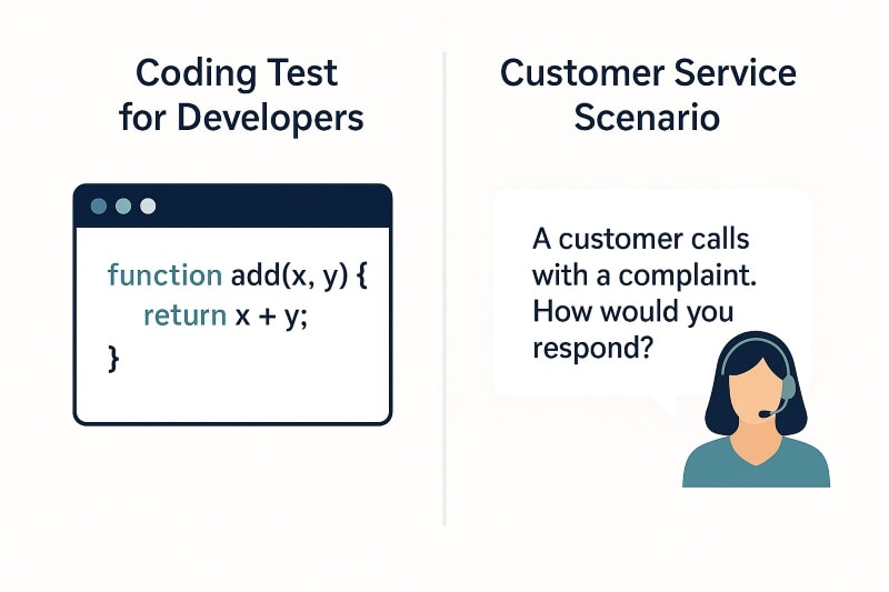 Split-screen HR assessment graphic comparing a coding test for developers with a customer service scenario for client-facing roles, illustrating role-specific skill evaluations.