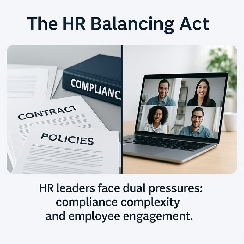 Split-screen HR graphic titled ‘The HR Balancing Act’ showing compliance documents on the left and a hybrid team video call on the right, with caption highlighting dual pressures of compliance complexity and employee engagement.