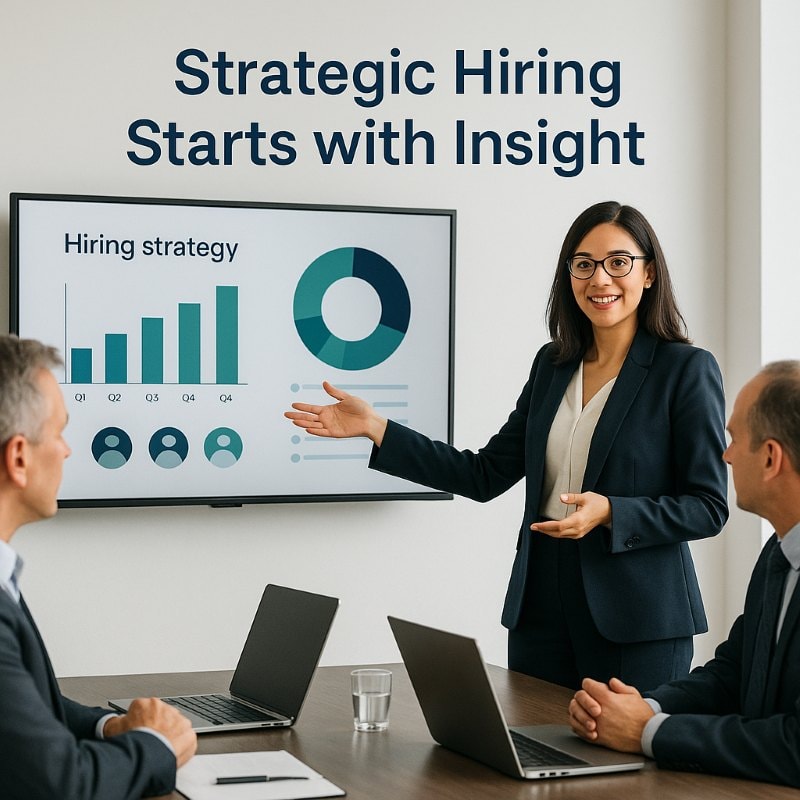 Talent acquisition professional explaining hiring strategy to business leaders.