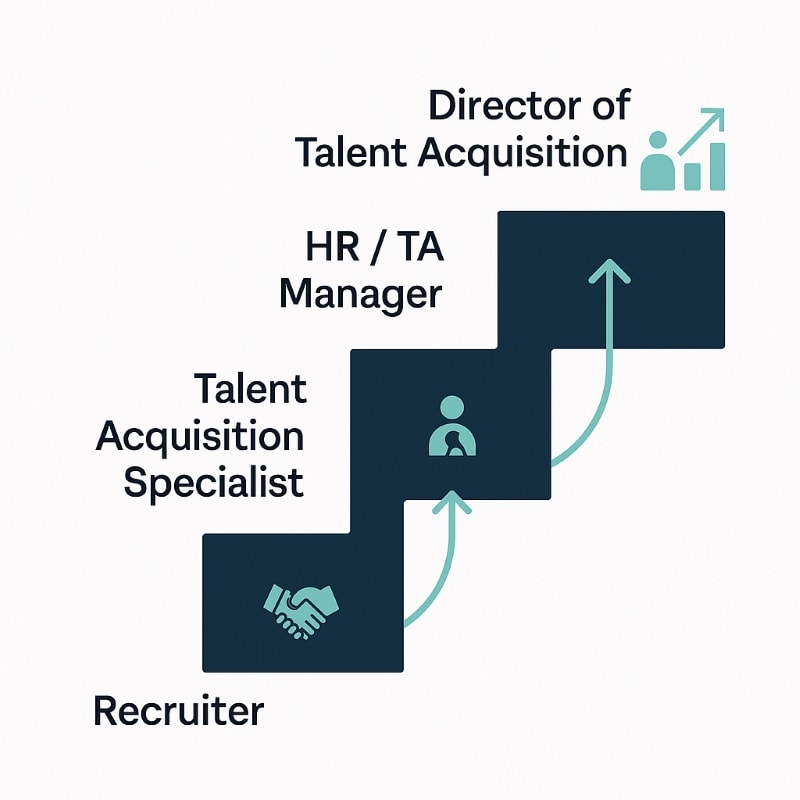 Career development path in talent acquisition from recruiter to leadership roles.