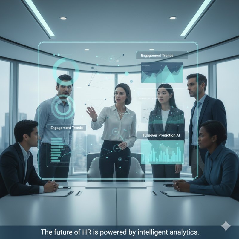 Modern workplace of the future integrating AI-driven analytics to enhance employee retention.