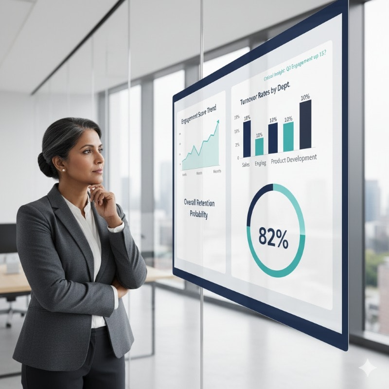 HR executive reviewing turnover rate data to identify retention patterns.