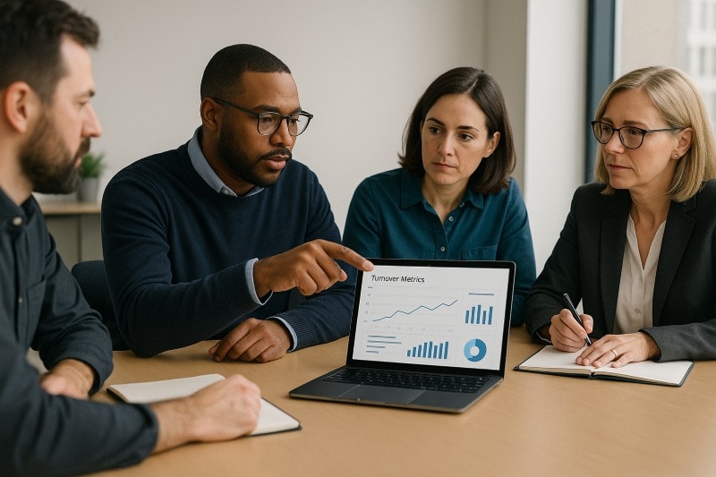 Human resources professionals reviewing data-driven strategies to reduce employee turnover.