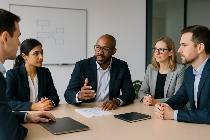 Executives and HR professionals discussing strategies to strengthen company culture.