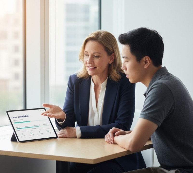 Manager mentoring an employee about career development opportunities.