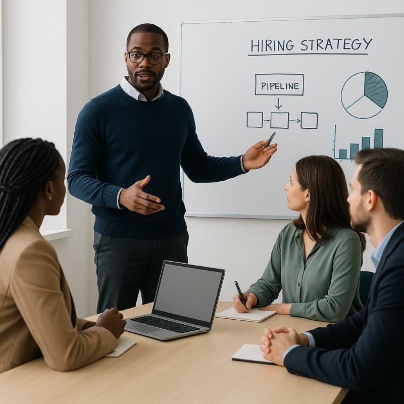 Talent acquisition manager guiding a team of specialists on recruitment strategy.