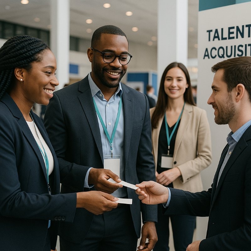 Talent acquisition professionals networking with potential candidates at an industry event.