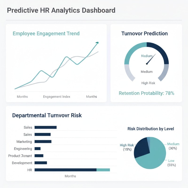 Predictive analytics dashboard showing data trends for employee retention and turnover risk.