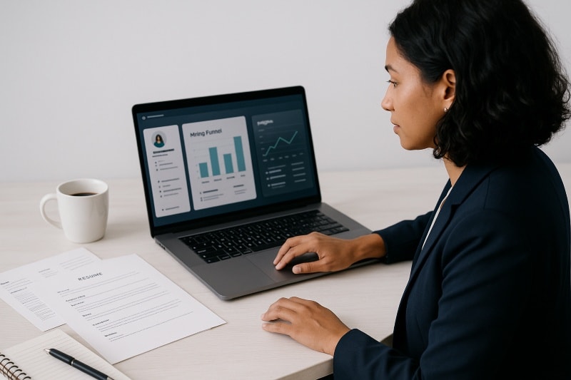 Talent acquisition professional using recruiting tools and applicant tracking systems to evaluate candidates.