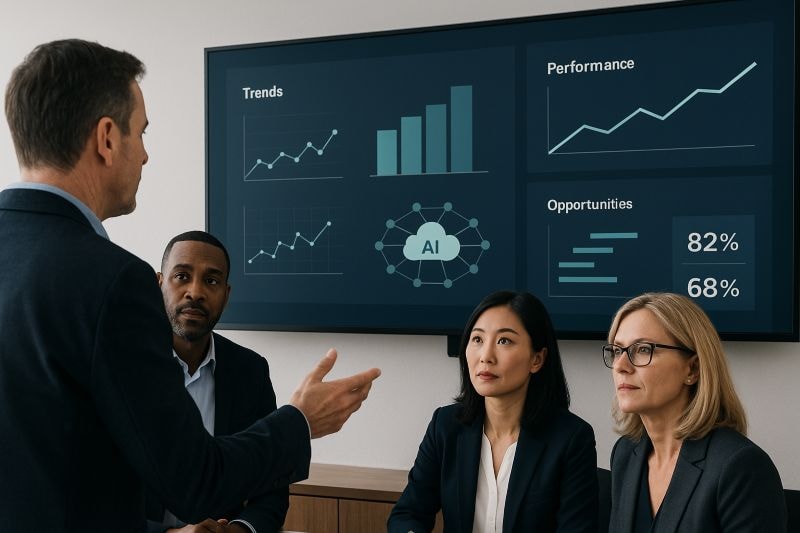 Executives using AI-driven analytics to identify performance trends and opportunities