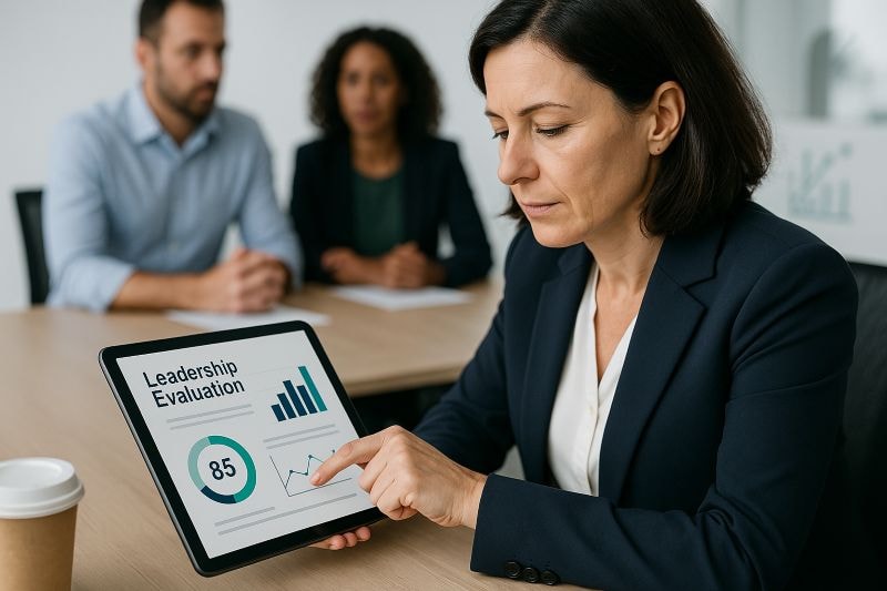 HR professional analyzing leadership evaluation results to identify potential leaders.