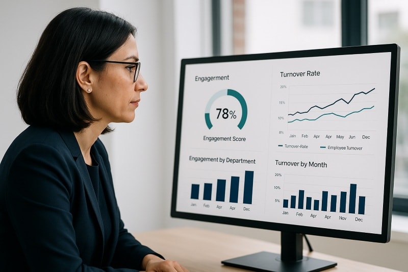 Human resources professional analyzing data on employee turnover and engagement.