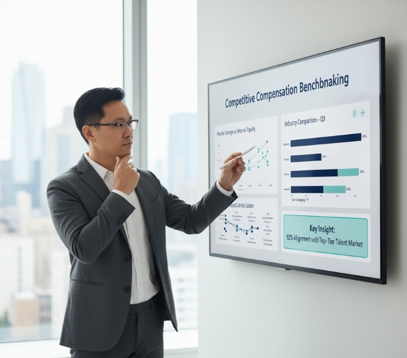 HR manager reviewing salary benchmarks to maintain competitive compensation.