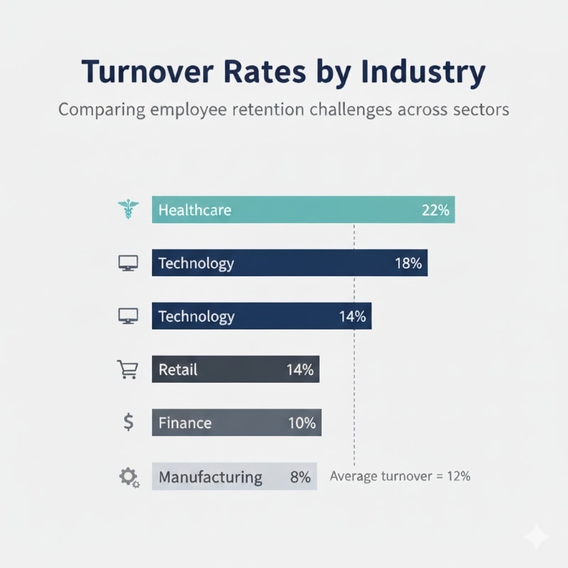 Chart comparing employee turnover challenges across industries such as tech, healthcare, and retail.